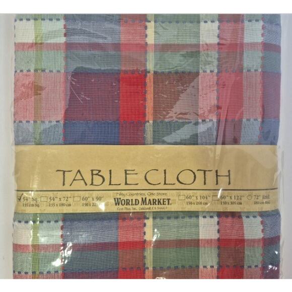 New World Market Plaid Red Green Blue Table Cloth 54 Inch Square - Picture 2 of 3